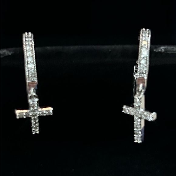 NIB Silver Diamond Cross Hoop Earrings - Picture 2 of 5